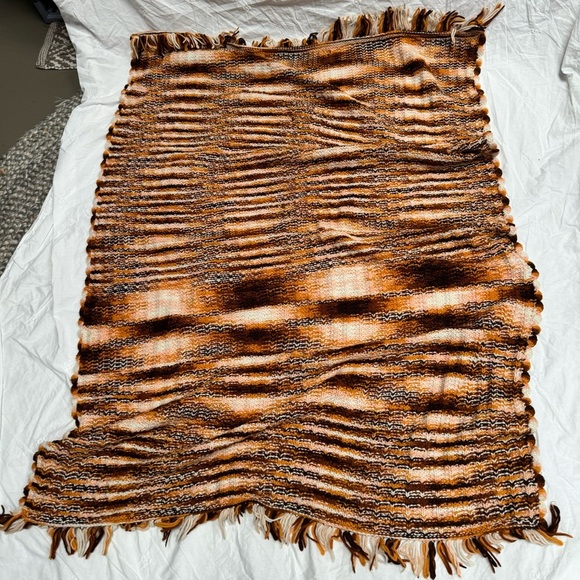 vintage knit blanket throw Afghan brown Boho ombre cream fringe retro - Picture 6 of 11